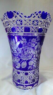 SIGNED MEISSEN! Cobalt BLUE Cut to Clear FLOWER of LONDON Crystal Glass Vase