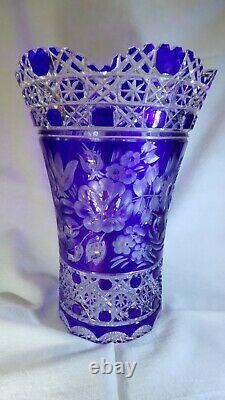 SIGNED MEISSEN! Cobalt BLUE Cut to Clear FLOWER of LONDON Crystal Glass Vase