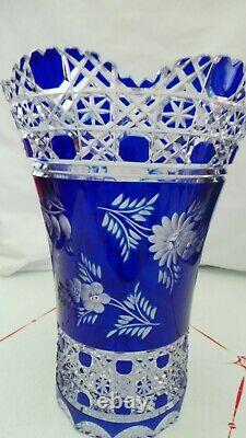 SIGNED MEISSEN! Cobalt BLUE Cut to Clear FLOWER of LONDON Crystal Glass Vase