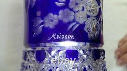 SIGNED MEISSEN! Cobalt BLUE Cut to Clear FLOWER of LONDON Crystal Glass Vase