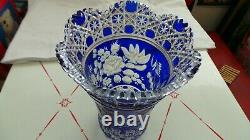 SIGNED MEISSEN! Cobalt BLUE Cut to Clear FLOWER of LONDON Crystal Glass Vase