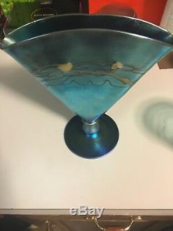 STEUBEN BLUE AURENE DECORATED FAN VASE 6397 VINTAGE ART GLASS 1930's CARDER