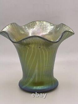 STEUBEN Blue Green Aurene Pulled Feather Ruffled Collar Glass Vase SIGNED