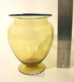 STEUBEN CARDER Old Vintage Art Glass # 938 Amber Flemish Blue Footed 5 Urn Vase