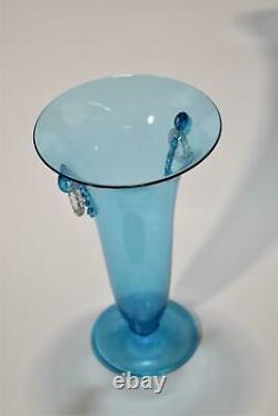 STEUBEN Celeste Blue Vase with Clear Handles 9 3/4 Tall