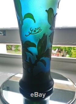 STUNNING Art Nouveau Style Reproduction Galle Carved Cameo Glass Vase Green Blue