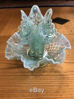 STUNNING! Fenton Blue Green Aqua Opalescent Hobnail Epergne 3 Lily Horn Vase