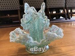 STUNNING! Fenton Blue Green Aqua Opalescent Hobnail Epergne 3 Lily Horn Vase