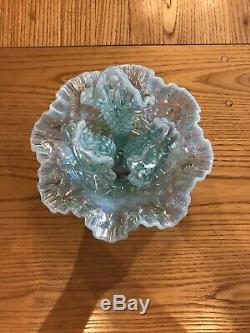 STUNNING! Fenton Blue Green Aqua Opalescent Hobnail Epergne 3 Lily Horn Vase