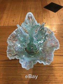 STUNNING! Fenton Blue Green Aqua Opalescent Hobnail Epergne 3 Lily Horn Vase