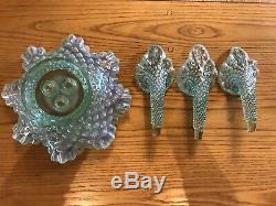 STUNNING! Fenton Blue Green Aqua Opalescent Hobnail Epergne 3 Lily Horn Vase