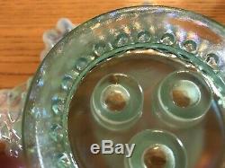 STUNNING! Fenton Blue Green Aqua Opalescent Hobnail Epergne 3 Lily Horn Vase