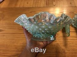 STUNNING! Fenton Blue Green Aqua Opalescent Hobnail Epergne 3 Lily Horn Vase