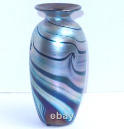 STUNNING John Gilvey Iridescent Peacock Dimple Art Glass Vase Blue Purple Teal