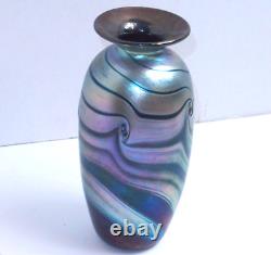 STUNNING John Gilvey Iridescent Peacock Dimple Art Glass Vase Blue Purple Teal