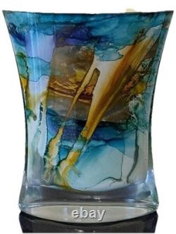 SYLVIA MONTAGNON SIGNED LACQUERED ART GLASS VASE Blue & Brown, 8 High, 6.5x3