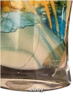 SYLVIA MONTAGNON SIGNED LACQUERED ART GLASS VASE Blue & Brown, 8 High, 6.5x3