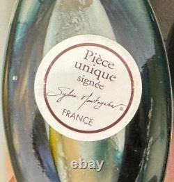 SYLVIA MONTAGNON SIGNED LACQUERED ART GLASS VASE Blue & Brown, 8 High, 6.5x3