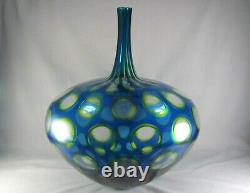 Sam Stang Art Glass Blue Green Vase, 14-5/8 tall, Augusta Glass Studio, signed