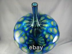 Sam Stang Art Glass Blue Green Vase, 14-5/8 tall, Augusta Glass Studio, signed