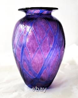 Sanyu Amethyst and Cobalt Veined Threading Art Glass Vase signed c 1961