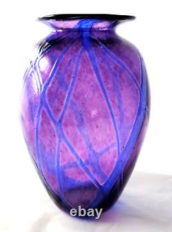 Sanyu Amethyst and Cobalt Veined Threading Art Glass Vase signed c 1961