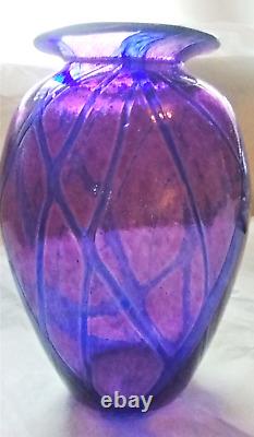 Sanyu Amethyst and Cobalt Veined Threading Art Glass Vase signed c 1961