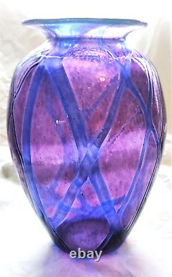 Sanyu Amethyst and Cobalt Veined Threading Art Glass Vase signed c 1961