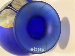 Satin Cobalt Blue Art Glass Vase Poppies 8 1/2 Unknown Maker