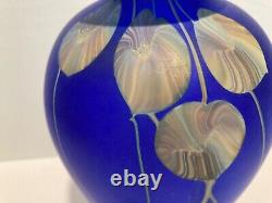 Satin Cobalt Blue Art Glass Vase Poppies 8 1/2 Unknown Maker