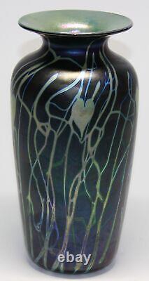 Saul Alcaraz 9.25 Studio Art Glass Vase Hearts & Vines On Dark Blue