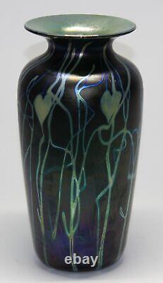 Saul Alcaraz 9.25 Studio Art Glass Vase Hearts & Vines On Dark Blue