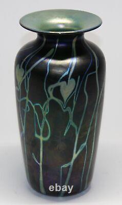 Saul Alcaraz 9.25 Studio Art Glass Vase Hearts & Vines On Dark Blue