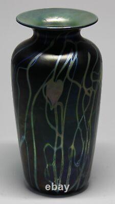 Saul Alcaraz 9.25 Studio Art Glass Vase Hearts & Vines On Dark Blue