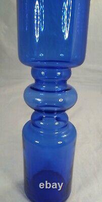 Scandinavian Style Retro Blue Hooped Glass Romanian Vase 255mm tall