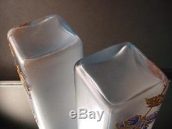 Scarce Pair Mont Joye Glass Gilded Vases Light Blue Satin Acid Wash Finish C1900