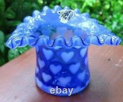 Scarce Vintage Fenton Art Glass Heart Optic Blue Opalescent Crimped Top Hat Vase