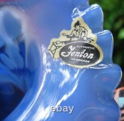 Scarce Vintage Fenton Art Glass Heart Optic Blue Opalescent Crimped Top Hat Vase