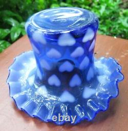 Scarce Vintage Fenton Art Glass Heart Optic Blue Opalescent Crimped Top Hat Vase