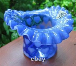 Scarce Vintage Fenton Art Glass Heart Optic Blue Opalescent Crimped Top Hat Vase