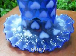 Scarce Vintage Fenton Art Glass Heart Optic Blue Opalescent Crimped Top Hat Vase