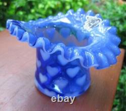 Scarce Vintage Fenton Art Glass Heart Optic Blue Opalescent Crimped Top Hat Vase