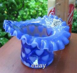 Scarce Vintage Fenton Art Glass Heart Optic Blue Opalescent Crimped Top Hat Vase