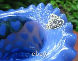 Scarce Vintage Fenton Art Glass Heart Optic Blue Opalescent Crimped Top Hat Vase