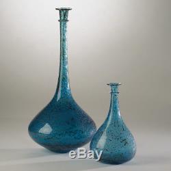 Set 2 Gold Flecked Aqua Blue Glass Modern Vases Roman Old World Bottle Tall