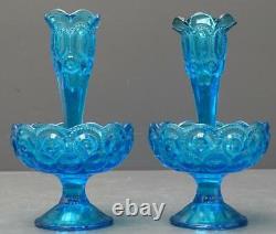 Set 2 Moon and Stars Blue Glass Epergne L. E. Smith Vase/Candle Holder Art Glass