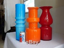 Set 3 HUGE Orange Blue Red Cased Glass Vases Holmegaard Per Lutken Carnaby Style