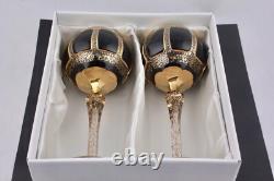 Set Of 2 Vintage Moser Cobalt Blue Gold Gilt Bohemia Crystal Goblets Mint