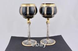 Set Of 2 Vintage Moser Cobalt Blue Gold Gilt Bohemia Crystal Goblets Mint