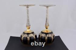 Set Of 2 Vintage Moser Cobalt Blue Gold Gilt Bohemia Crystal Goblets Mint